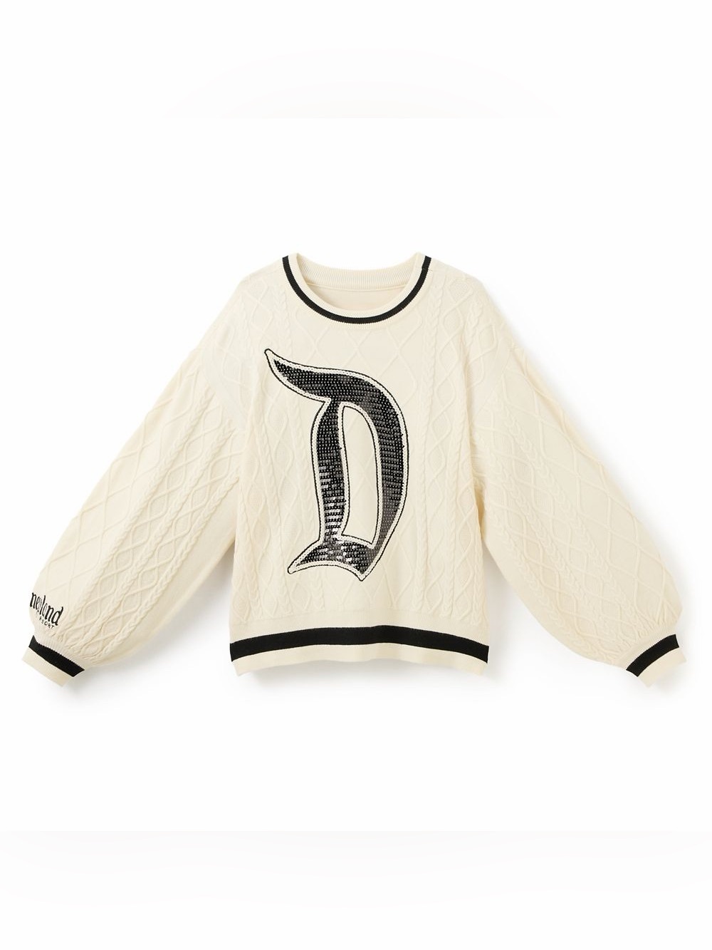 Disneyland Sequin Sweater - Cream Cable Knit Sweater with Black 'D' Appliqué